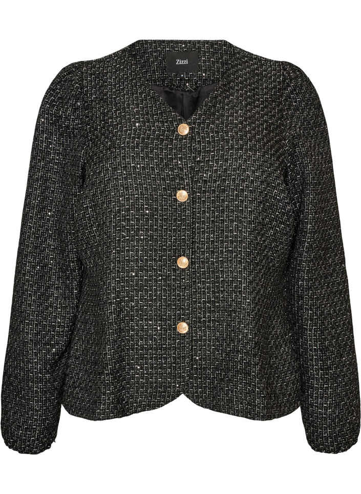 Veste boucl&eacute;e avec sequins et boutons d&eacute;coratifs, Noir, Packshot image number 0
