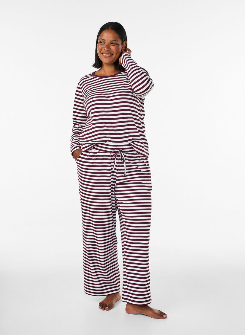Pantalon de pyjama ray&eacute; &agrave; taille haute et coupe ample, Bordeaux, Model image number 0