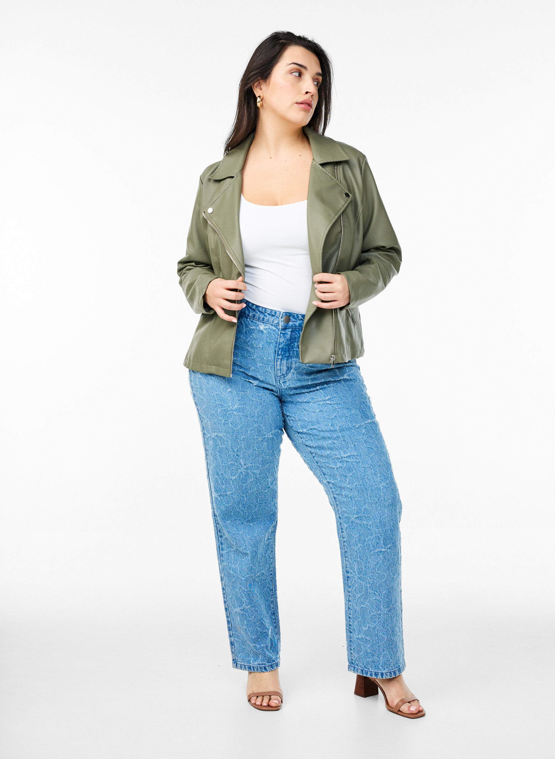 Zizzi Veste biker en similicuir, Vert fonc&eacute;, Model image number 1