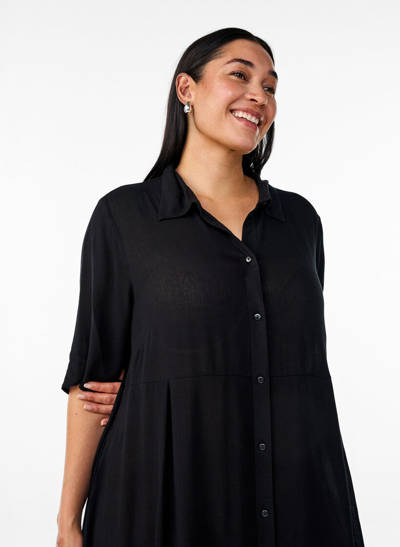 Robe chemise mi-longue &agrave; manches courtes, Noir, Model image number 2