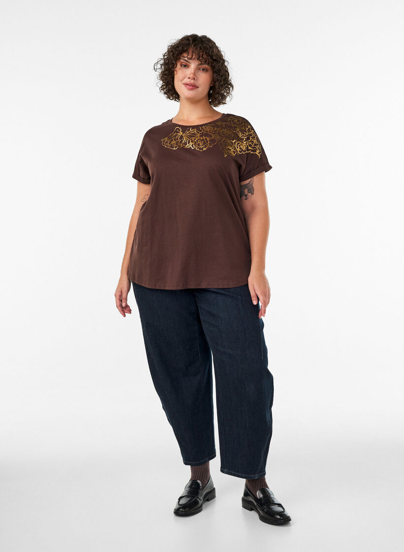 T-shirt en coton &agrave; imprim&eacute; floral, Marron, Model image number 1