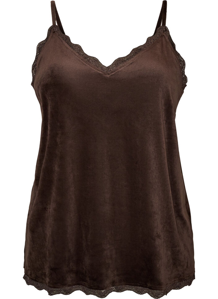 Top en velours avec bordure en dentelle, Marron, Packshot image number 0