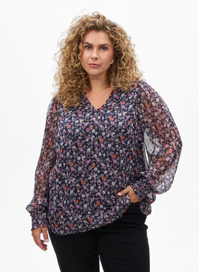Chemisier &agrave; imprim&eacute; floral et fil paillet&eacute;, Bleu, Model image number 0
