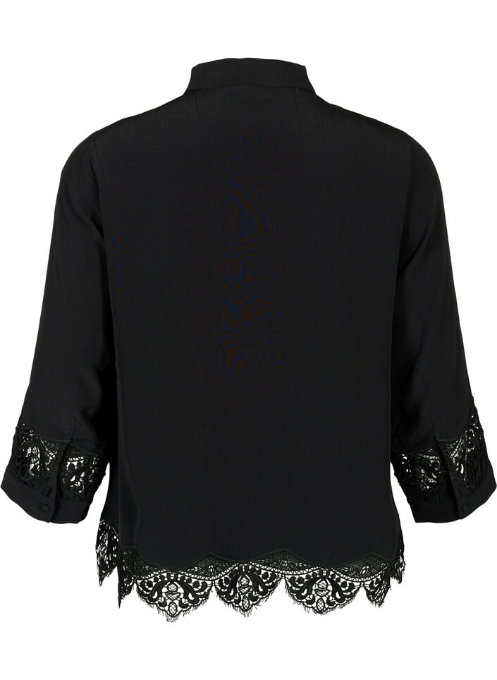 Chemise en viscose avec manches 3/4 et détails de broderie, Black, Packshot image number 1