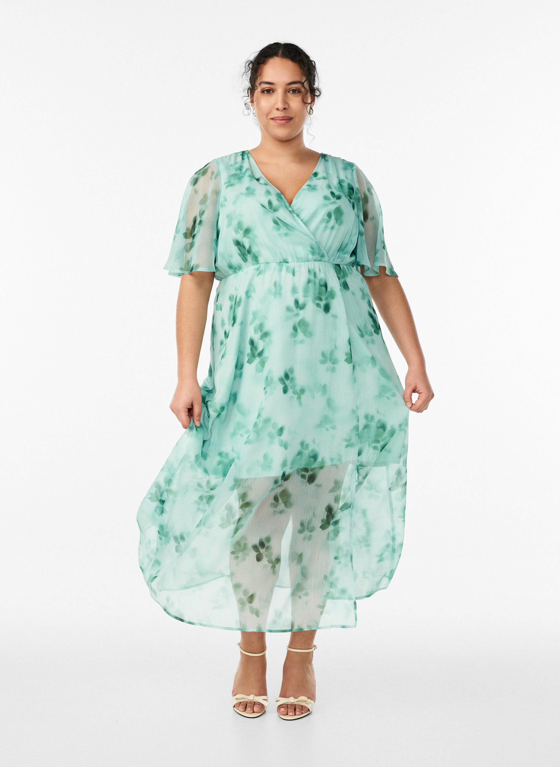 Robe longue en chiffon imprim&eacute; floral et manches courtes, Vert, Model