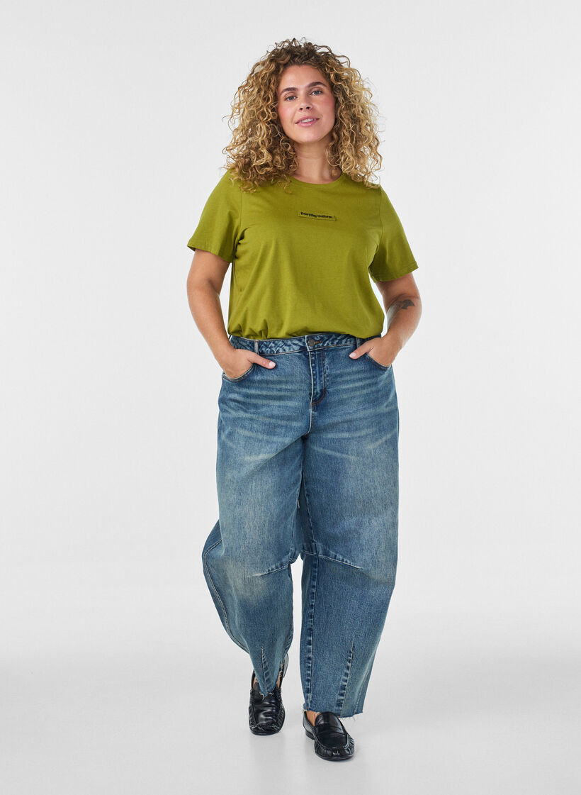 T-shirt en coton avec badge texte, Vert, Model image number 1