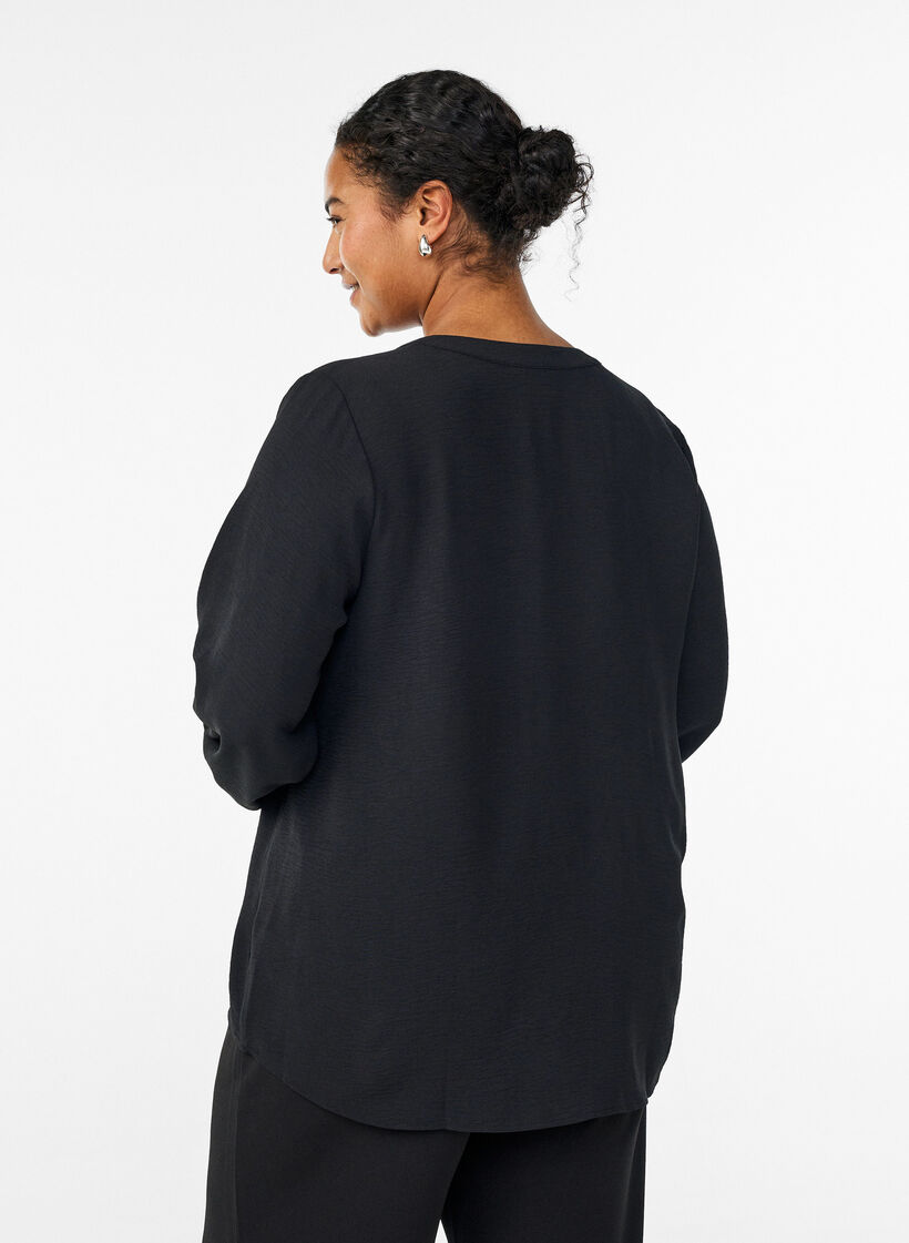 Blouse avec poignets smock&eacute;s et col en V, Noir, Model image number 2