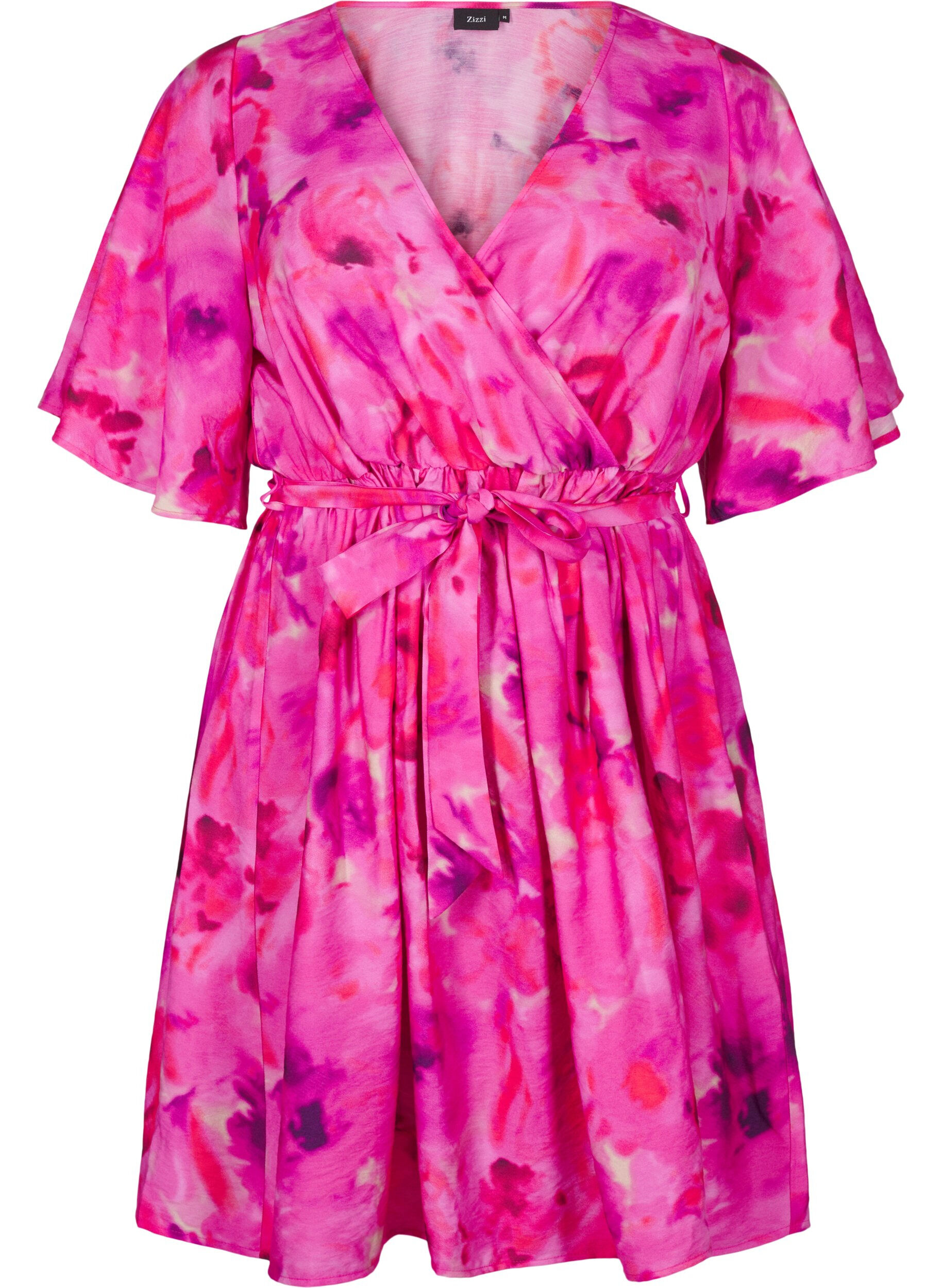 Zizzi Robe portefeuille mi-longue &agrave; imprim&eacute; floral, Pink Rose AOP, Packshot image number 0