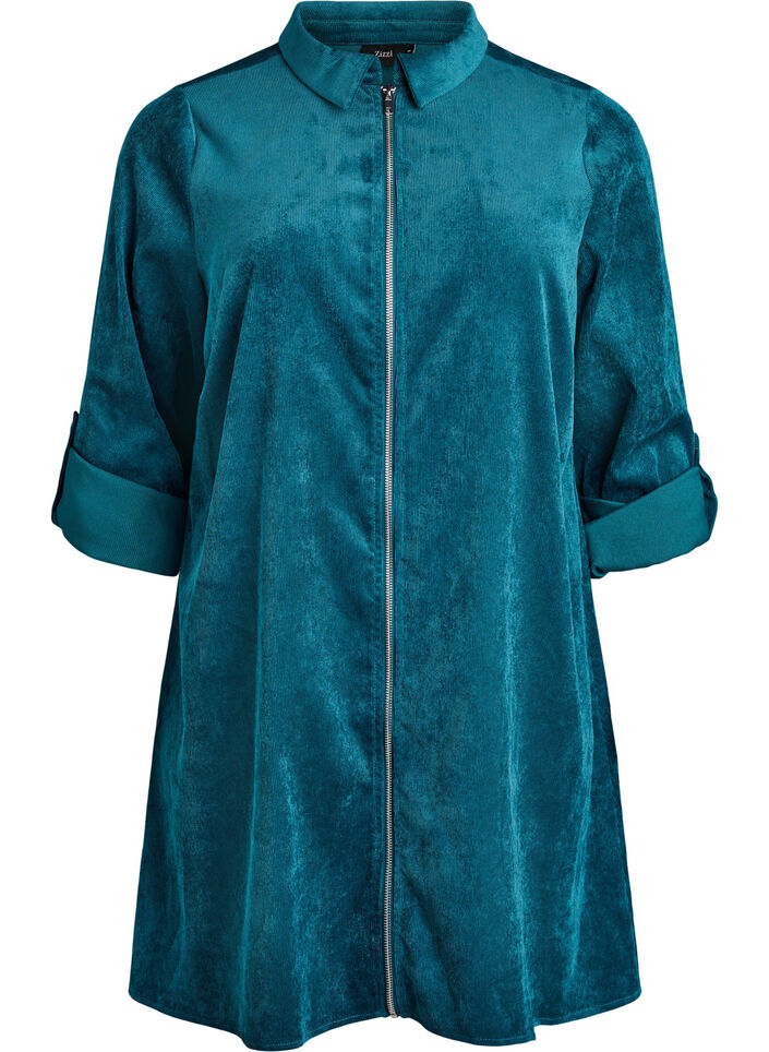 Robe en velours c&ocirc;tel&eacute; avec zip et manches 3/4, Vert fonc&eacute;, Packshot image number 0