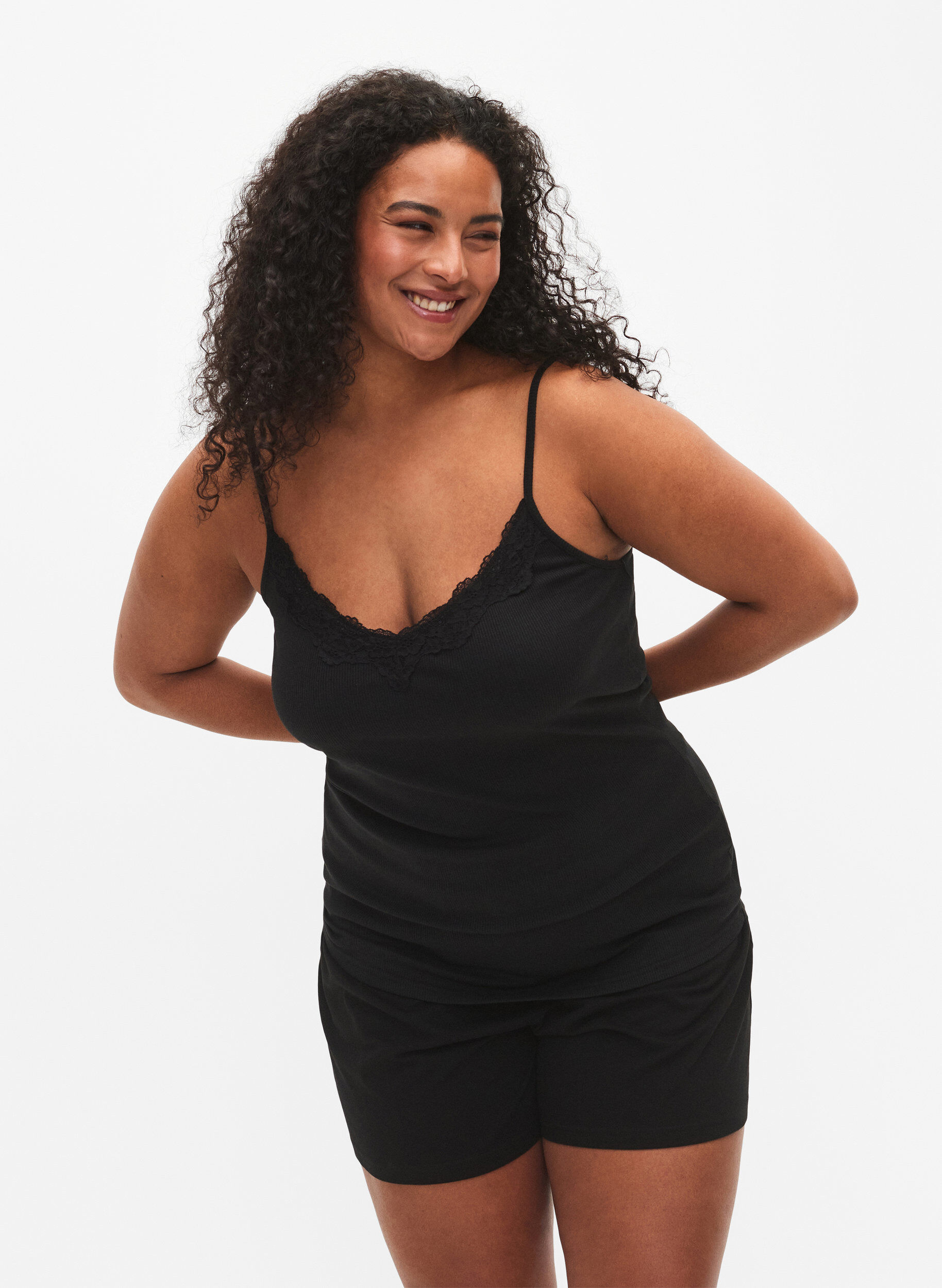 Zizzi2-pack de hauts de nuit &agrave; c&ocirc;tes, Black/Black, Model image number 0