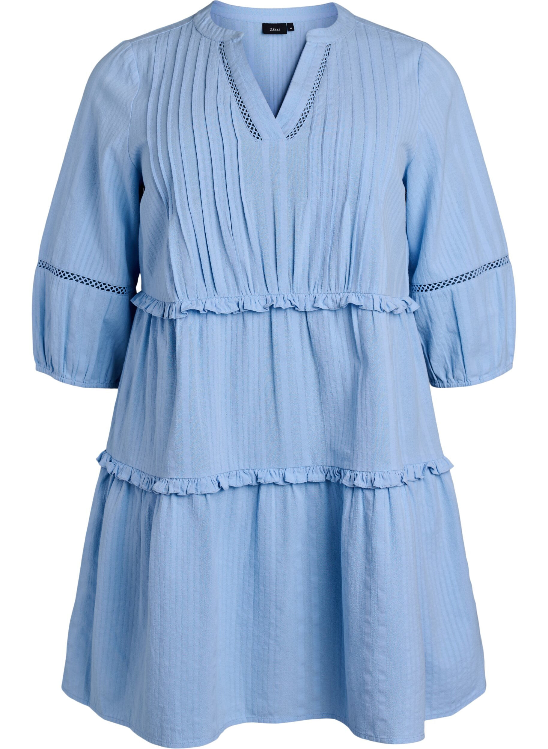 Zizzi Robe en coton &agrave; manches&nbsp;3/4 avec volants, Bleu Clair, Packshot image number 0