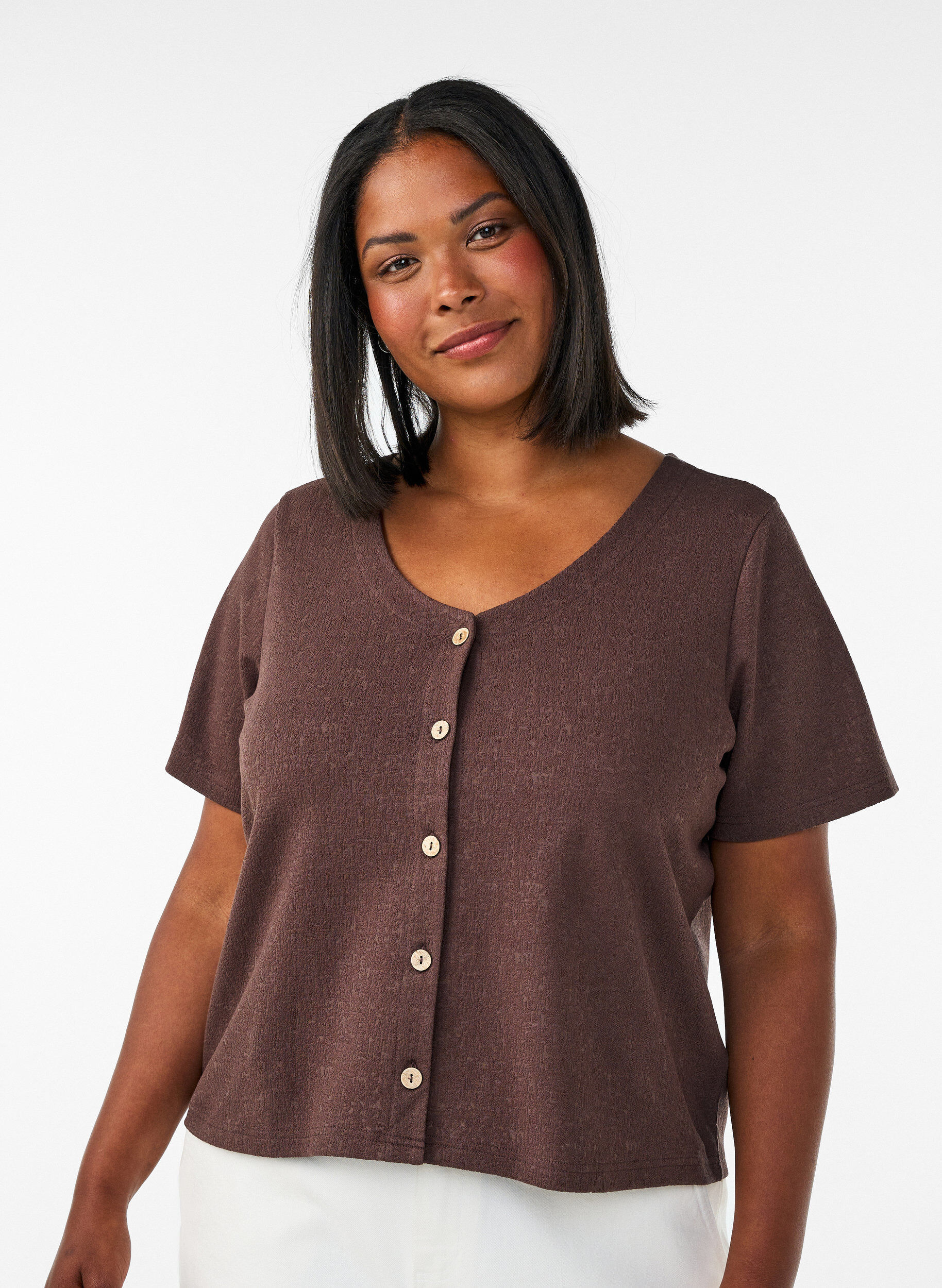ZizziBlouse en coton textur&eacute; avec fermeture &agrave; boutons, Marron, Model image number 0