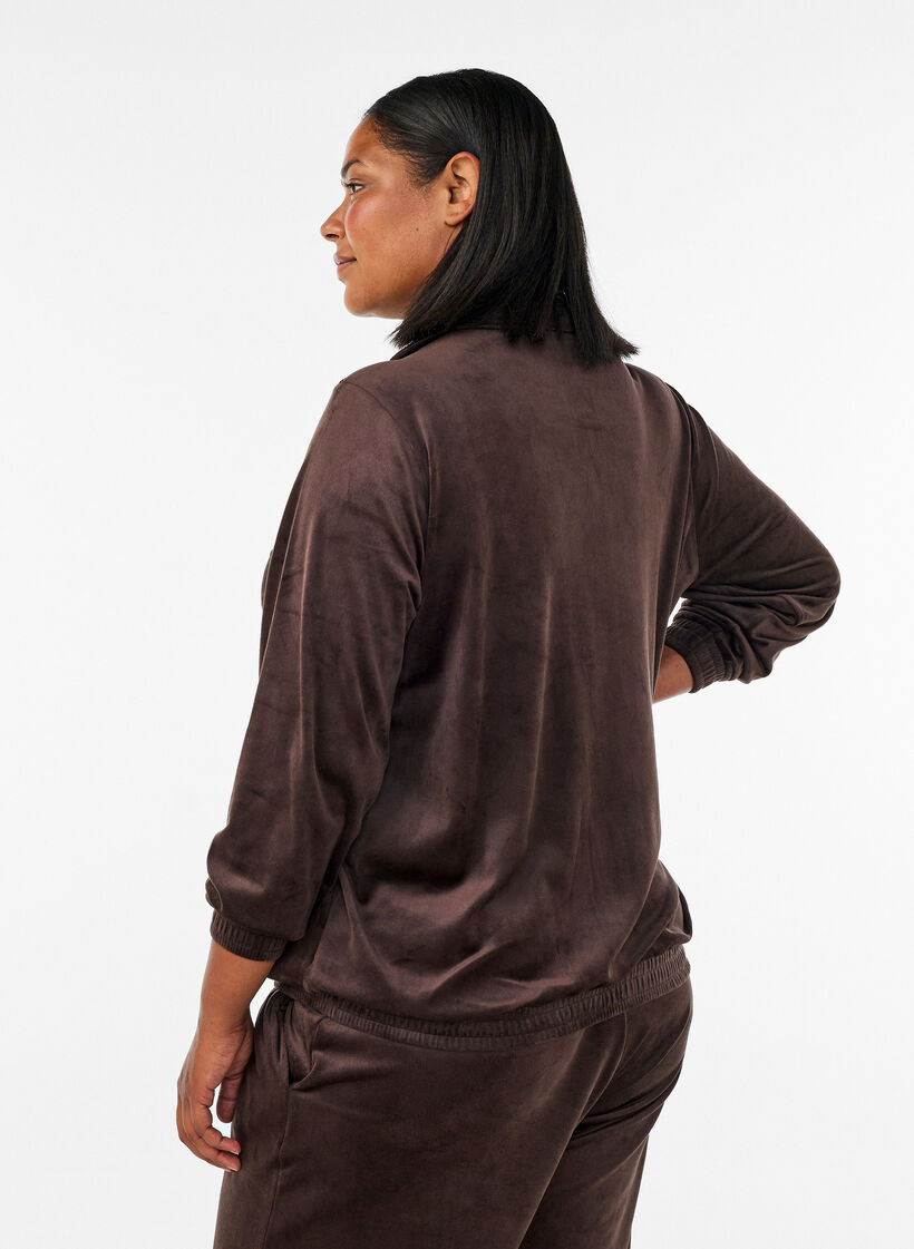 Cardigan en velours doux avec fermeture zipp&eacute;e et col montant, Marron, Model image number 2