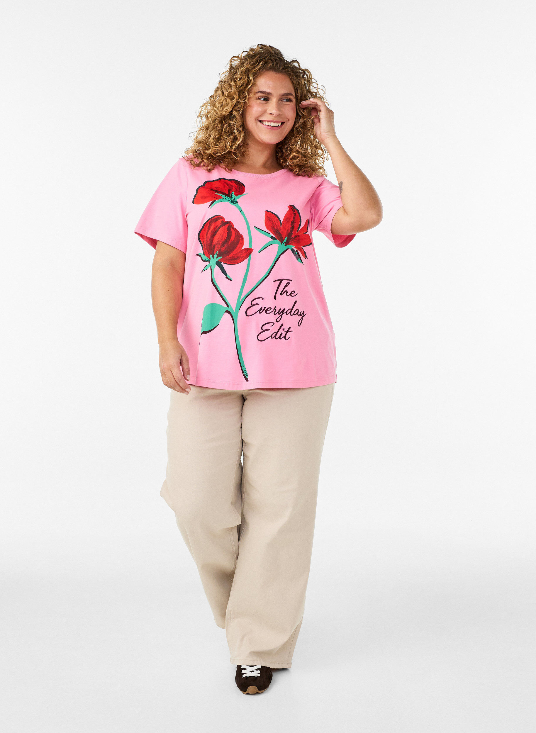 ZizziT-shirt en coton avec imprim&eacute; devant, Rose, Model image number 1