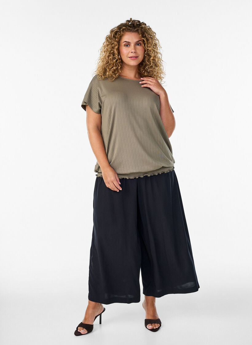 Blouse en jersey avec rayures textur&eacute;es et ourlet smock&eacute;, Marron, Model image number 1