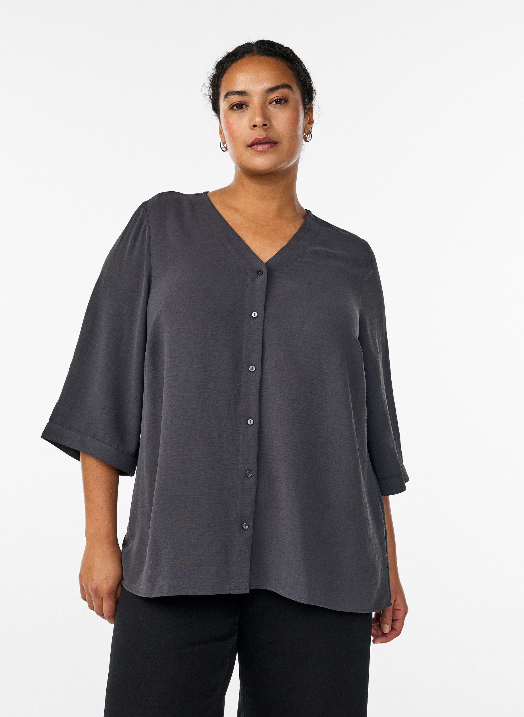 Chemisier &agrave; col V et manches 3/4, Gris anthracite, Model