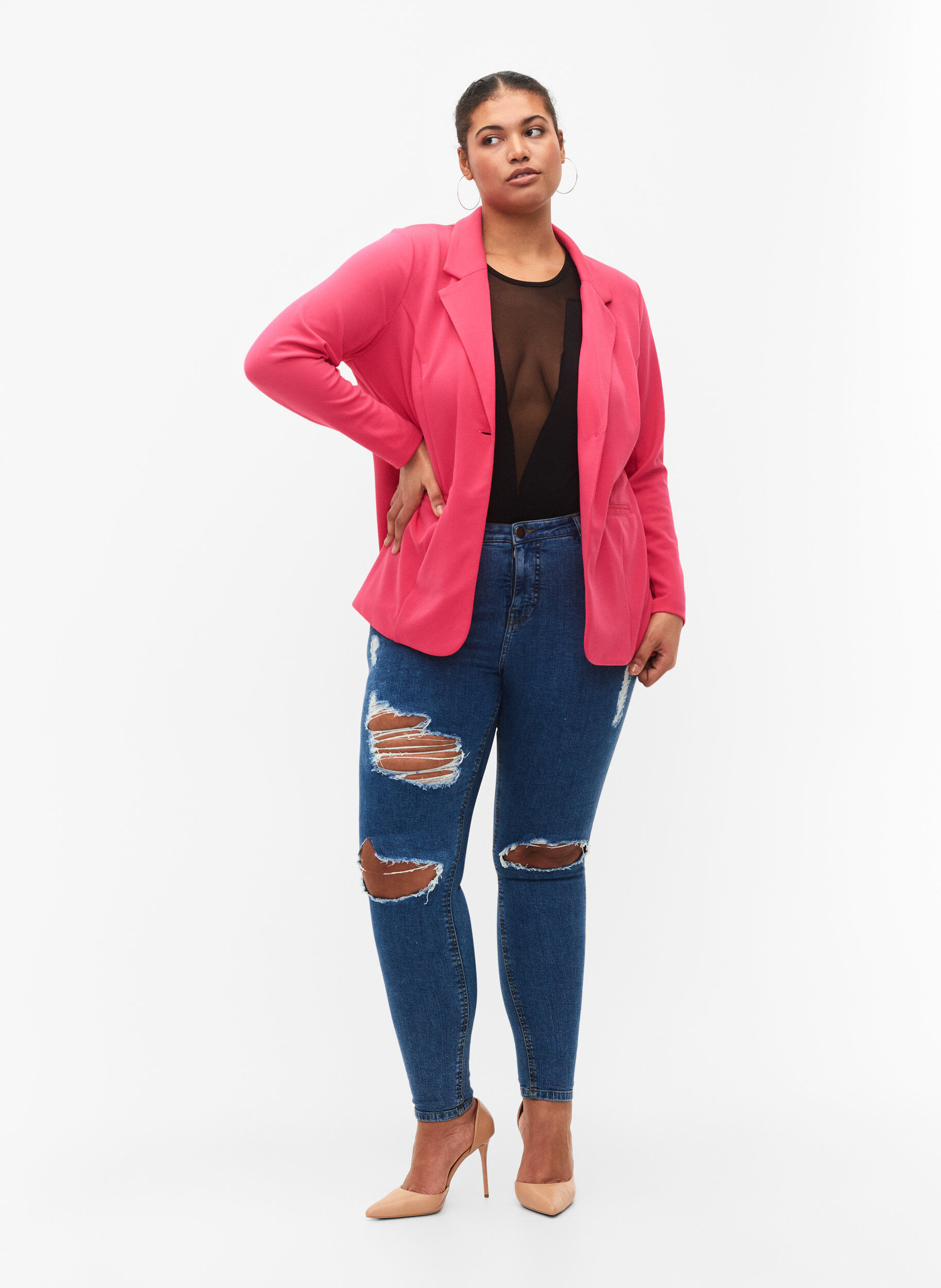 Zizzi Jeans moulants avec d&eacute;tails d'usure, Blue denim, Model image number 0