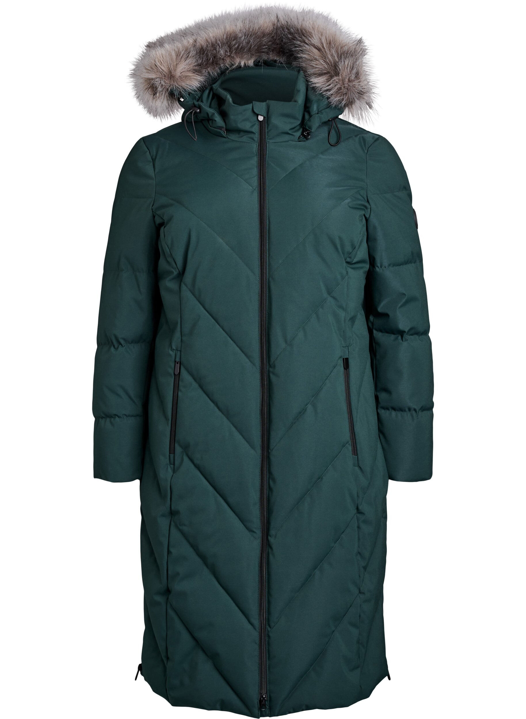 Long manteau d'hiver &agrave; fermeture &agrave; attaches et col en fausse fourrure