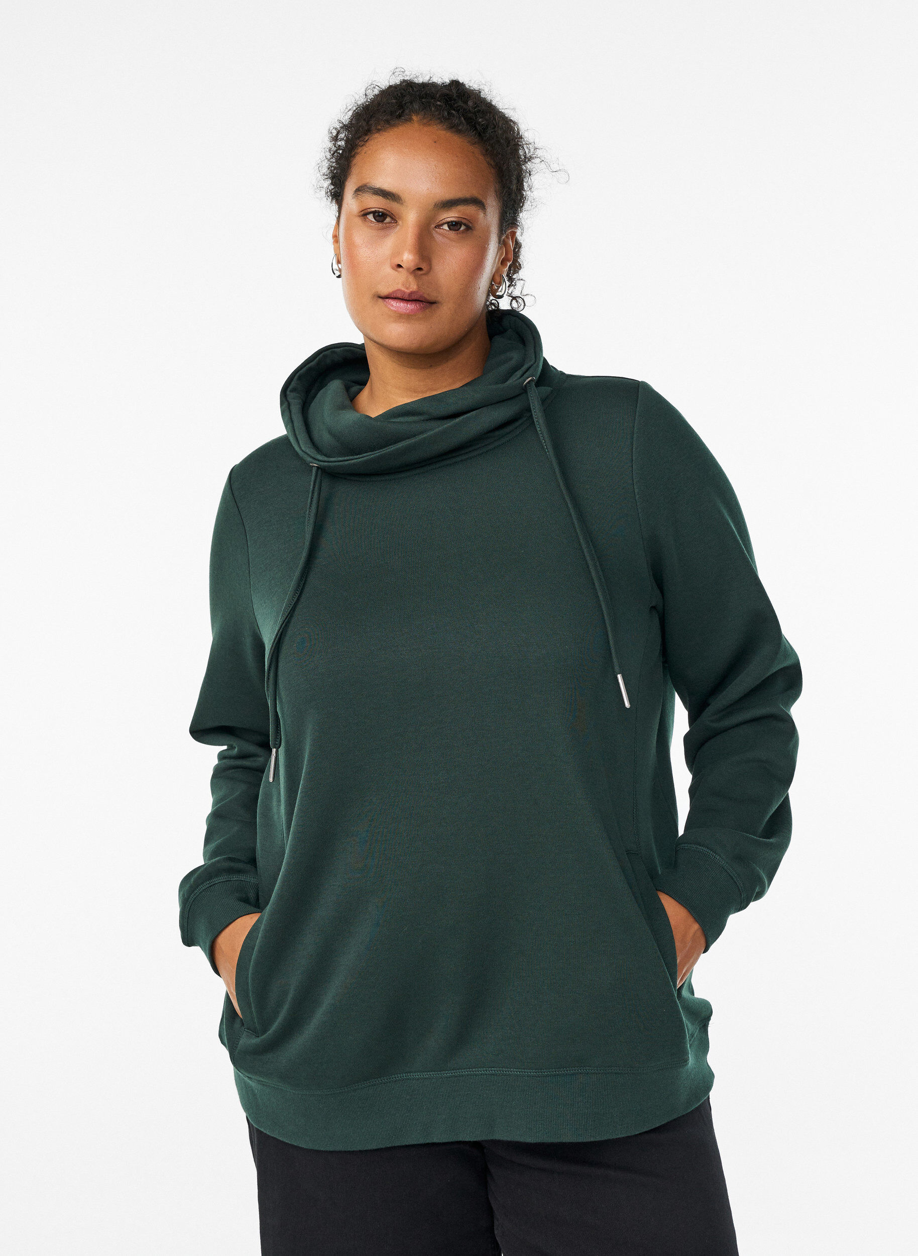 Sweat &agrave; col montant et poches, Vert fonc&eacute;, Model