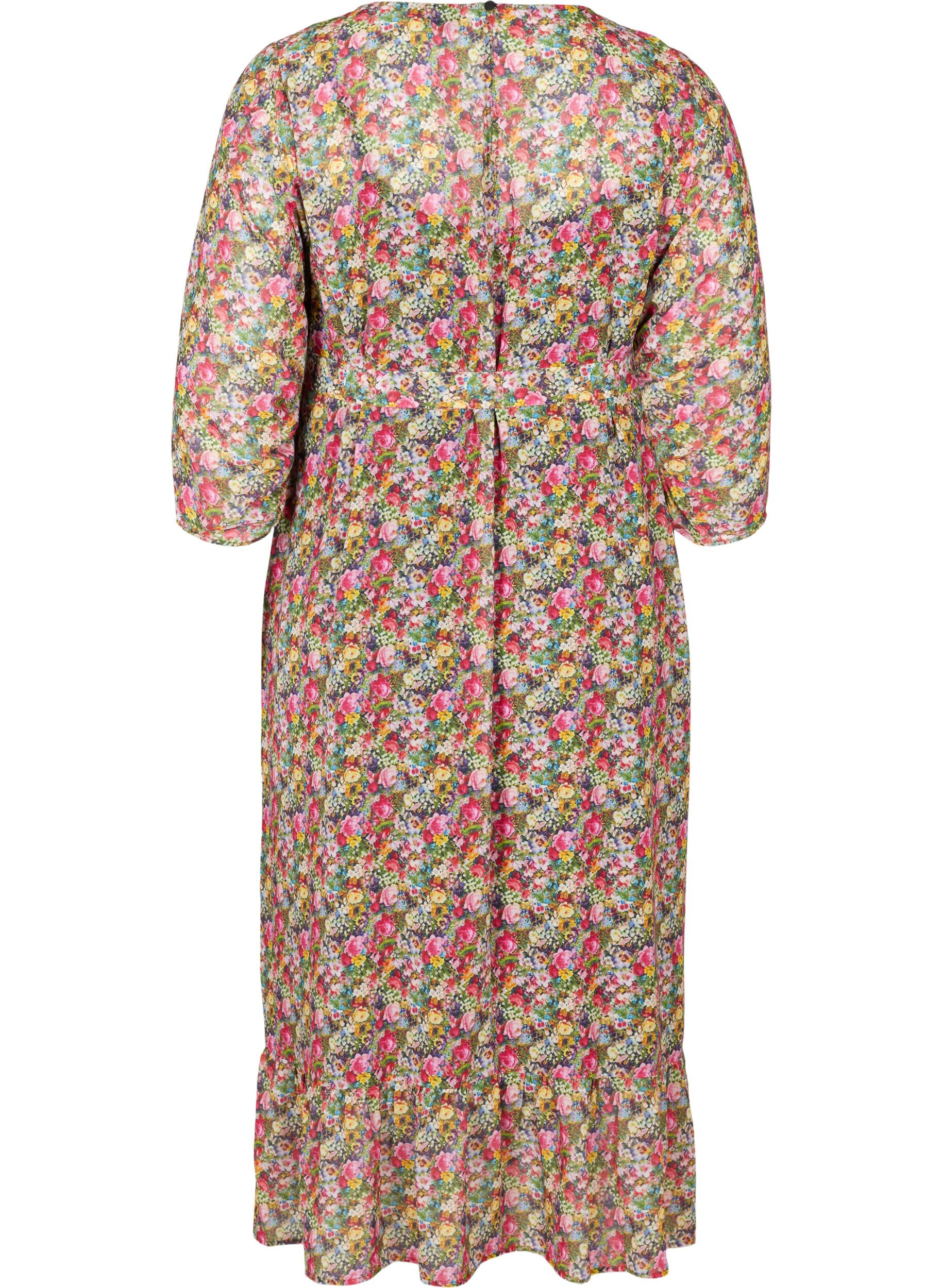 Zizzi Robe midi fleurie avec lien &agrave; nouer &agrave; la taille, Pink Flower AOP, Packshot image number 1