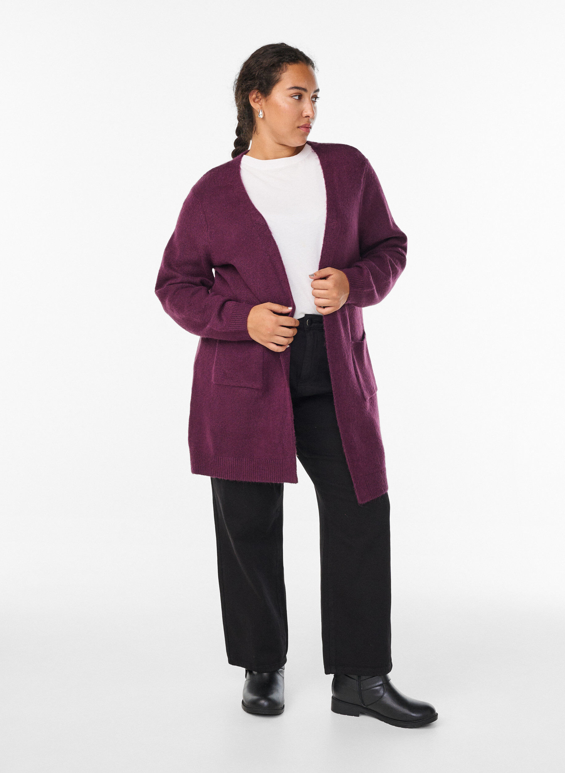 Zizzi Long cardigan tricot&eacute; avec poches, Violet, Model image number 1