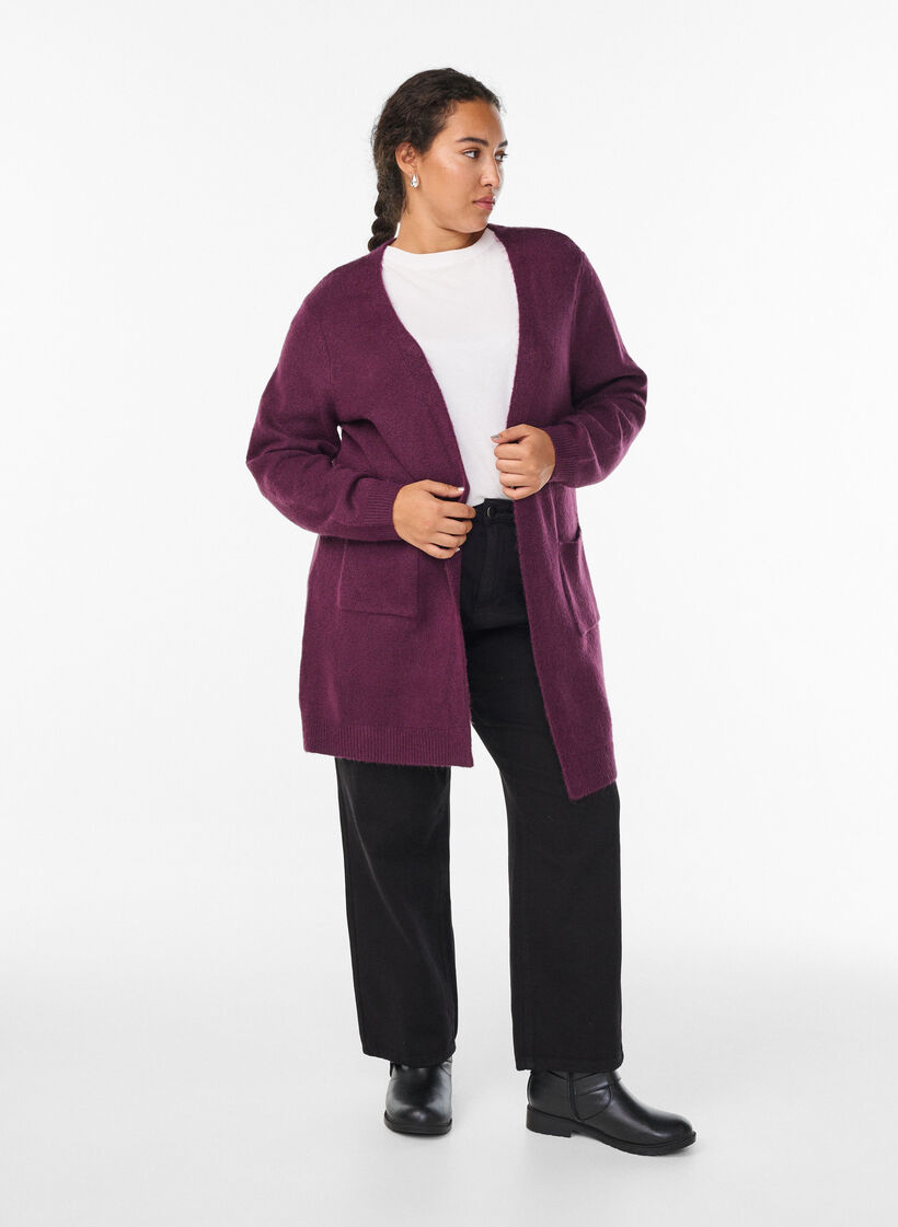 Long cardigan tricoté avec poches, Violet, Model image number 1