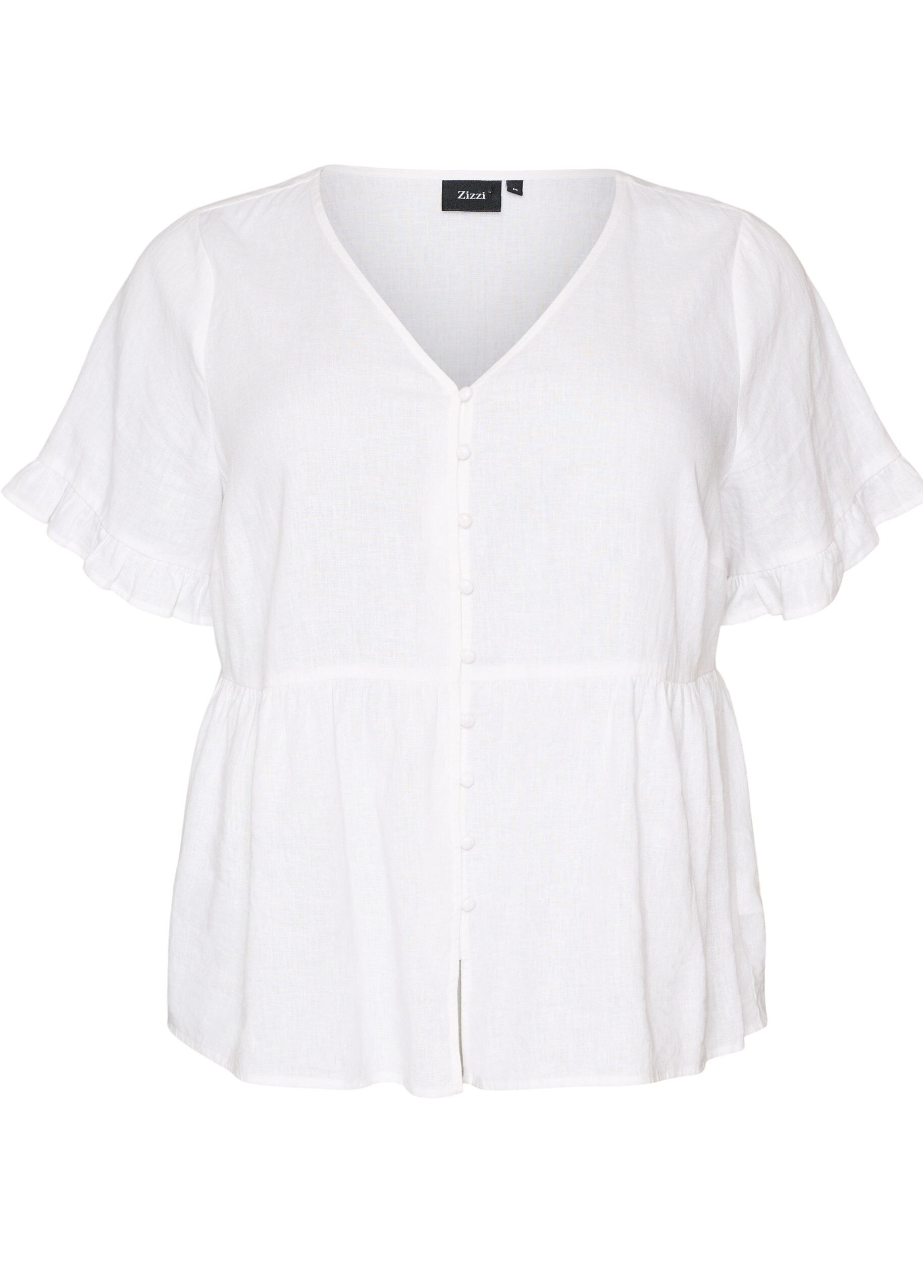 Blouse en lin et viscose avec un col en V et une fermeture boutonn&eacute;e
