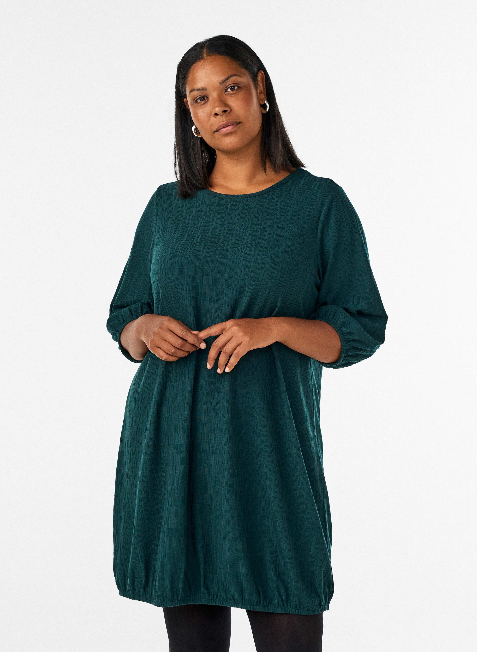 Robe &agrave; effet ballon et texture structur&eacute;e, Vert fonc&eacute;, Model