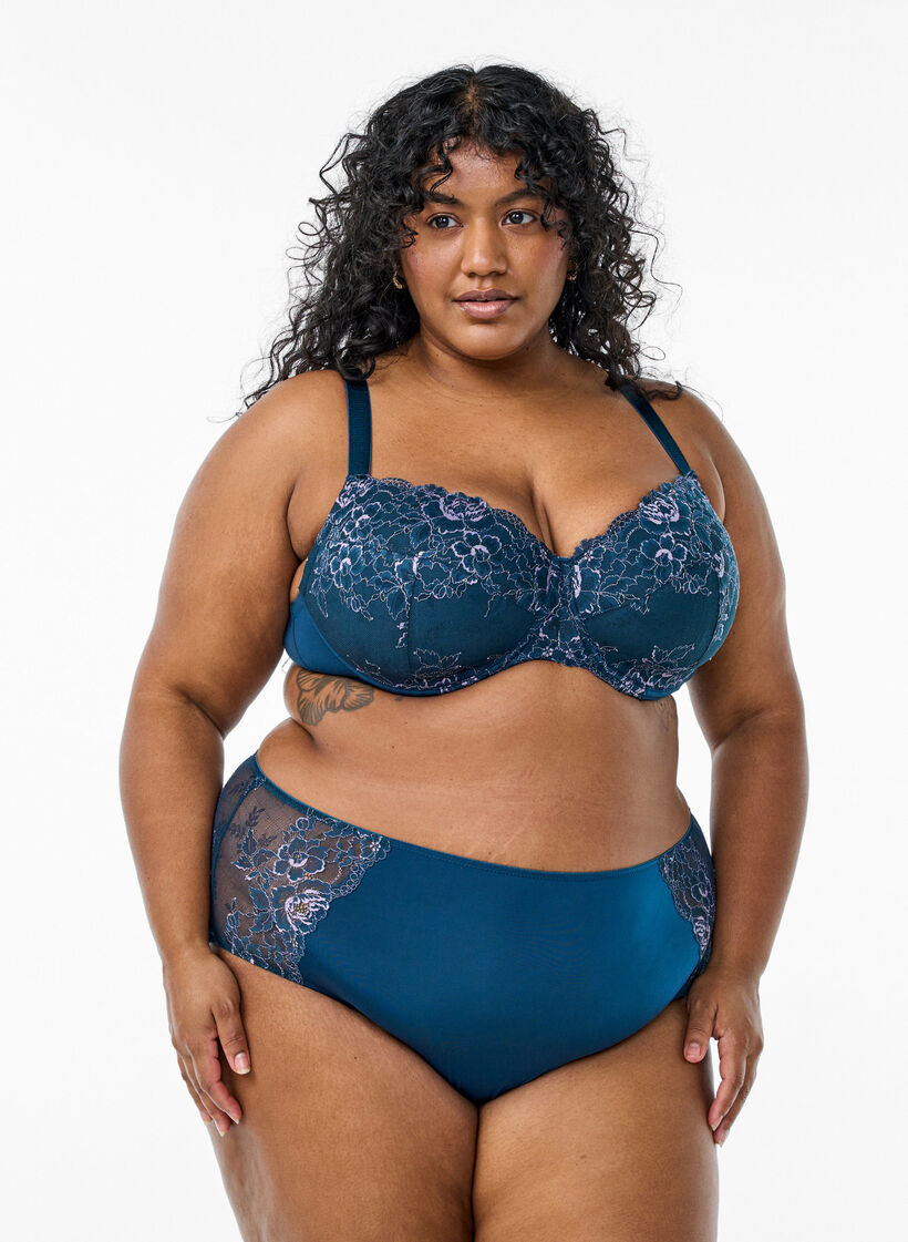 Soutien-gorge à armatures avec dentelle et bonnets rembourrés, Bleu, Model image number 1