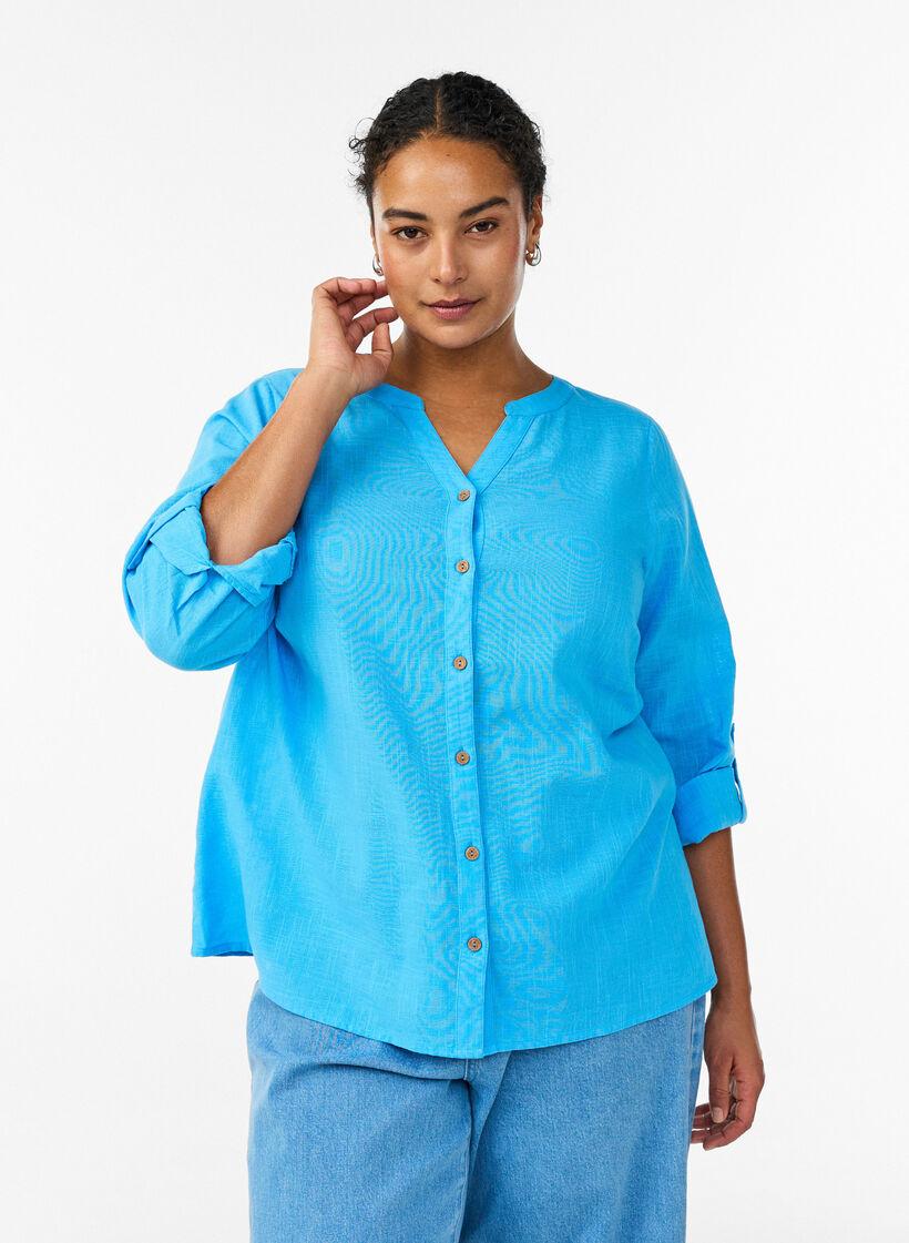 Chemisier en coton avec col en V, Bleu, Model image number 0