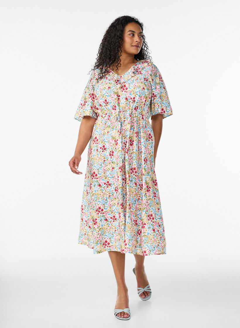 Robe midi en viscose avec imprim&eacute; fleuri et col &agrave; volants, Rose, Model image number 0