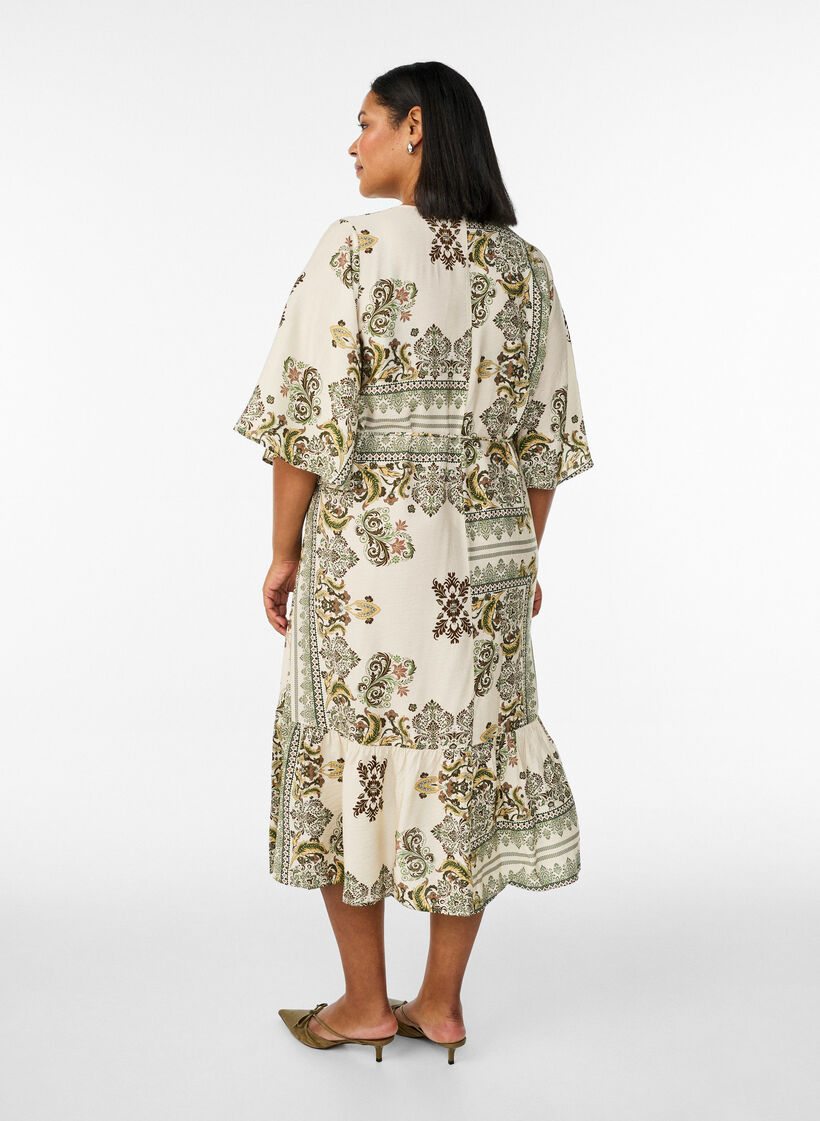 Robe midi imprim&eacute;e en viscose avec ceinture &agrave; nouer, Vert, Model image number 1