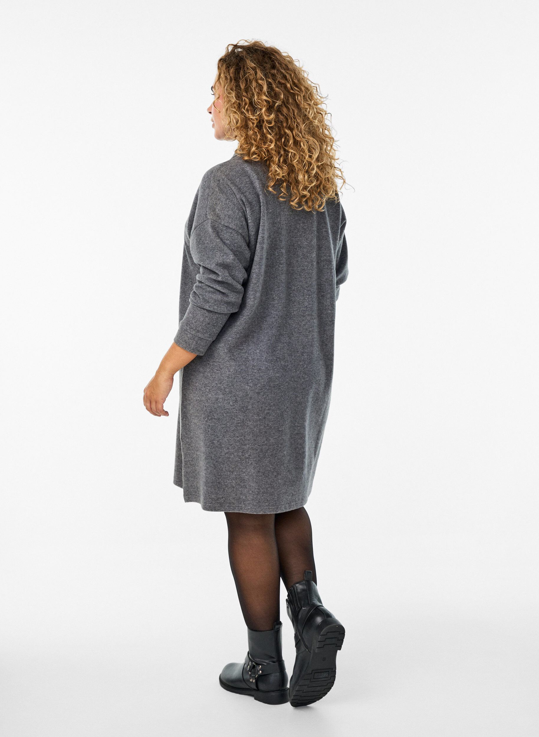 Zizzi Robe mi-longue en jersey avec un col en V, Gris anthracite, Model image number 2