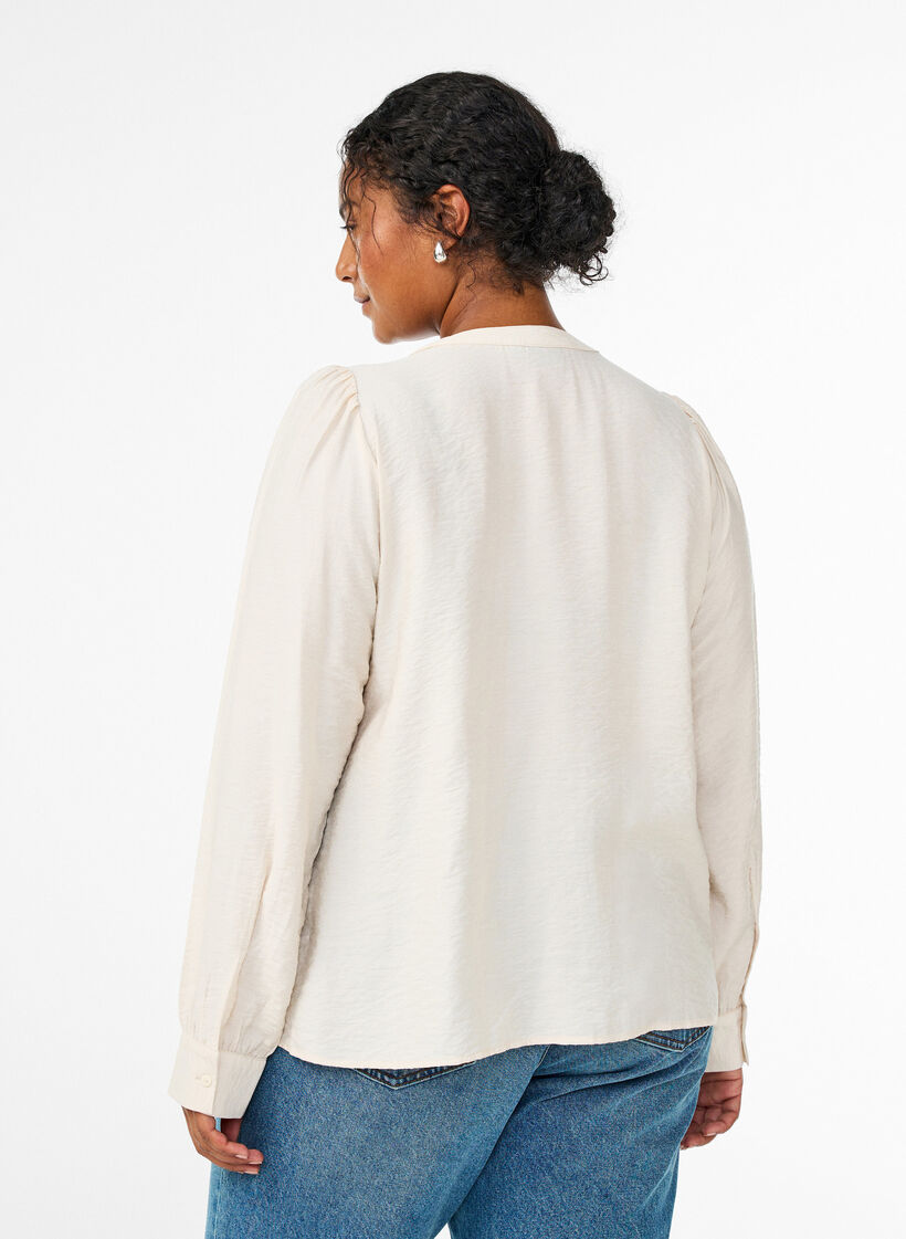 Blouse avec col en V et bandes brodées, Beige, Model image number 2