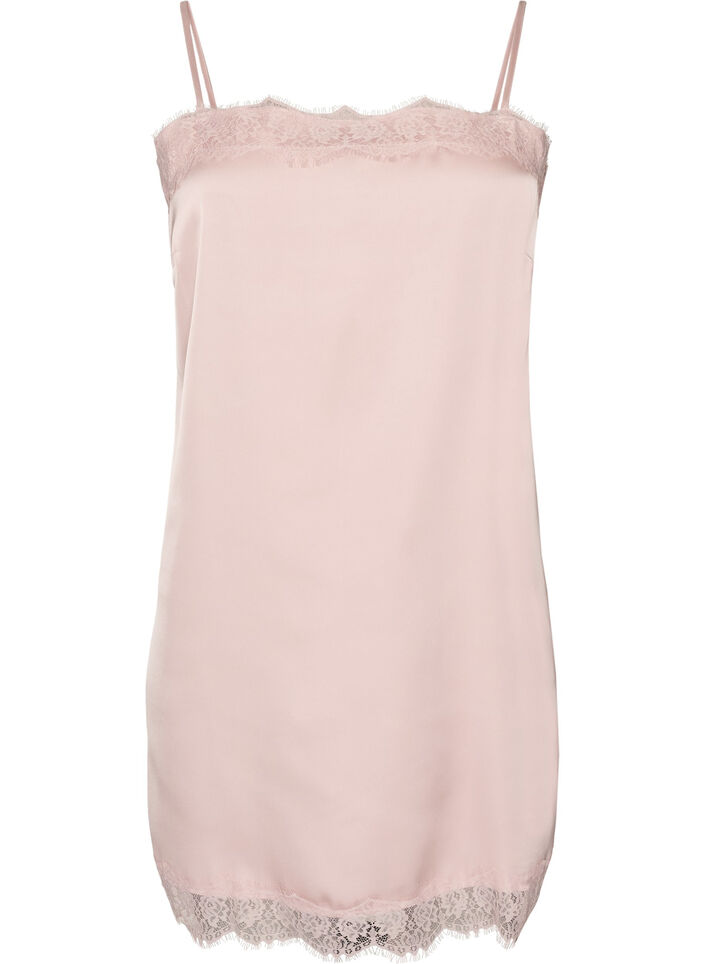 Haut long en satin bord&eacute; de dentelle, Rose poudr&eacute;e, Packshot image number 0