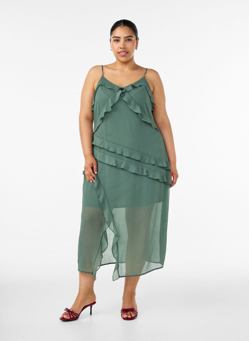 Robe en mousseline avec volants asym&eacute;triques, Vert, Model image number 0