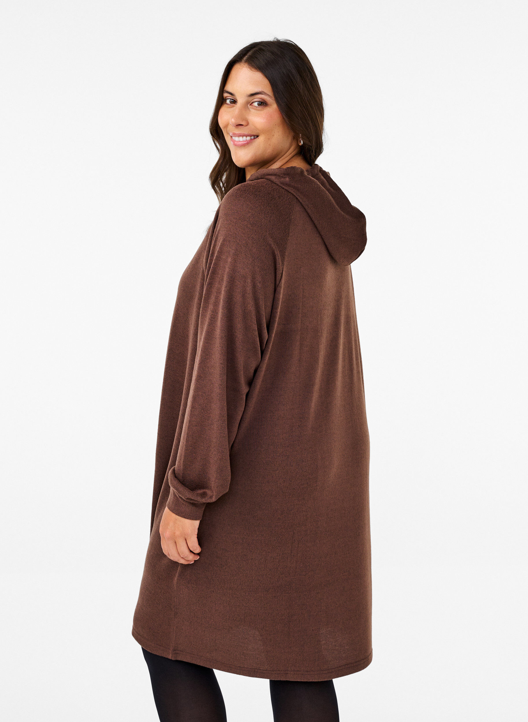 Zizzi Robe sweat &agrave; manches longues avec capuche, Chocolate M. M&eacute;l., Model image number 1