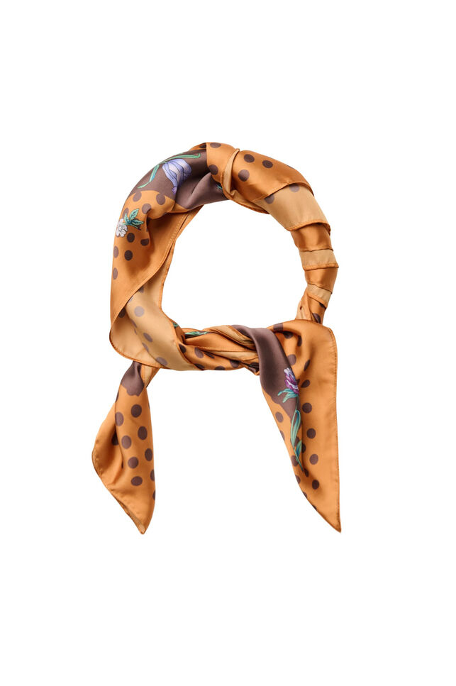 Foulard carr&eacute; &agrave; l&rsquo;aspect satin avec un motif, Marron, Packshot