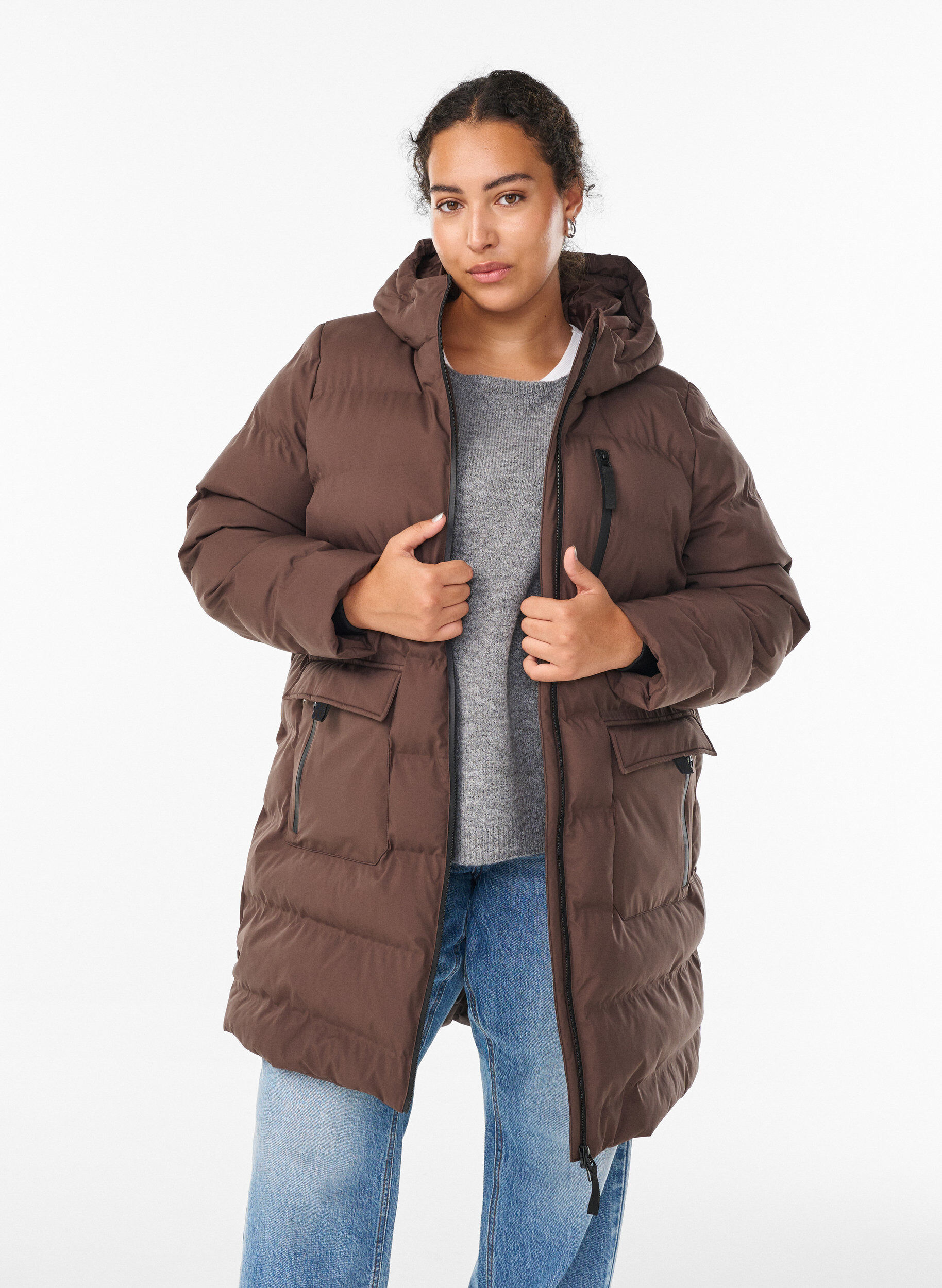 Doudoune avec capuche et poches, Marron, Model