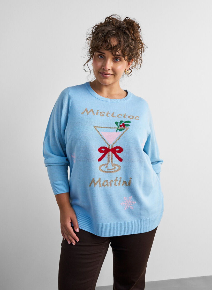 Blouse en maille avec motif de No&euml;l, Bleu Clair, Model image number 0
