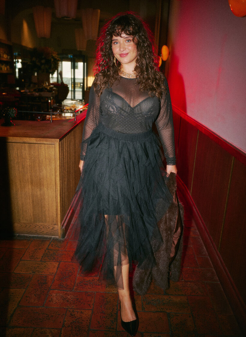 Jupe midi en tulle avec ceinture &eacute;lastique, Noir, Image image number 0
