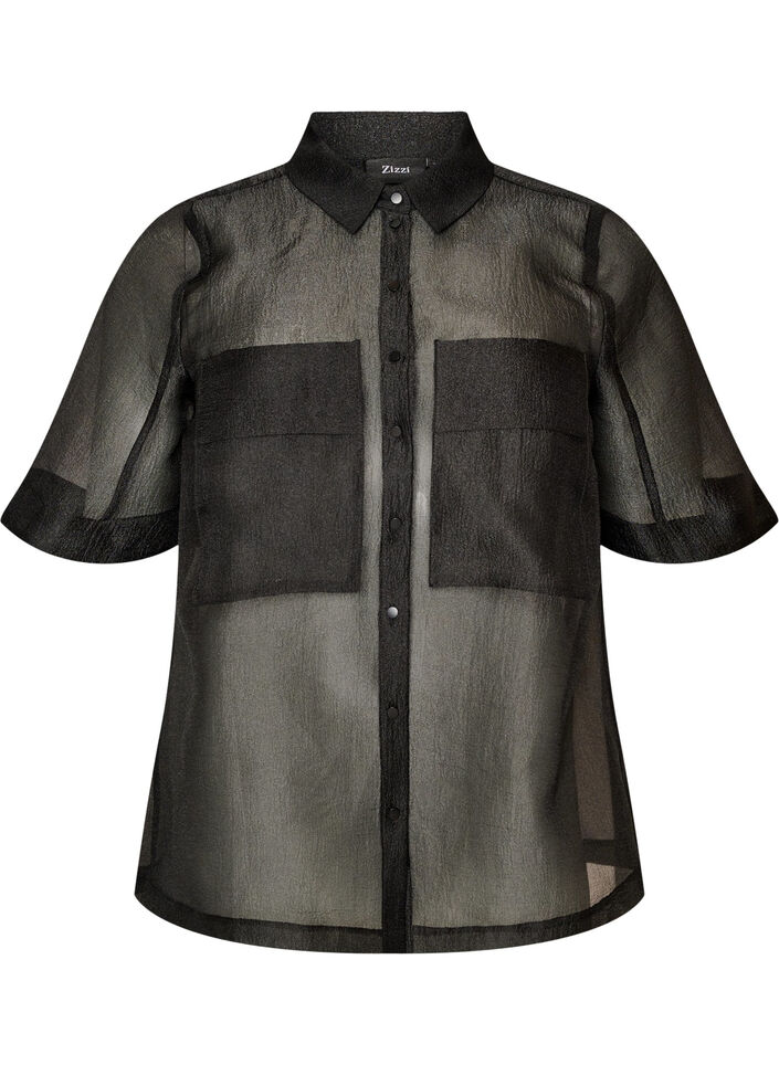 Chemise transparente &agrave; manches courtes avec poches poitrine, Noir, Packshot image number 0
