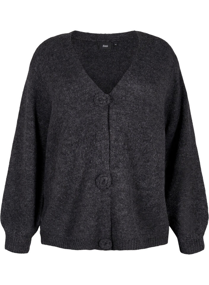 Cardigan court en tricot avec boutons en forme de fleurs, Dark Grey Melange, Packshot image number 0
