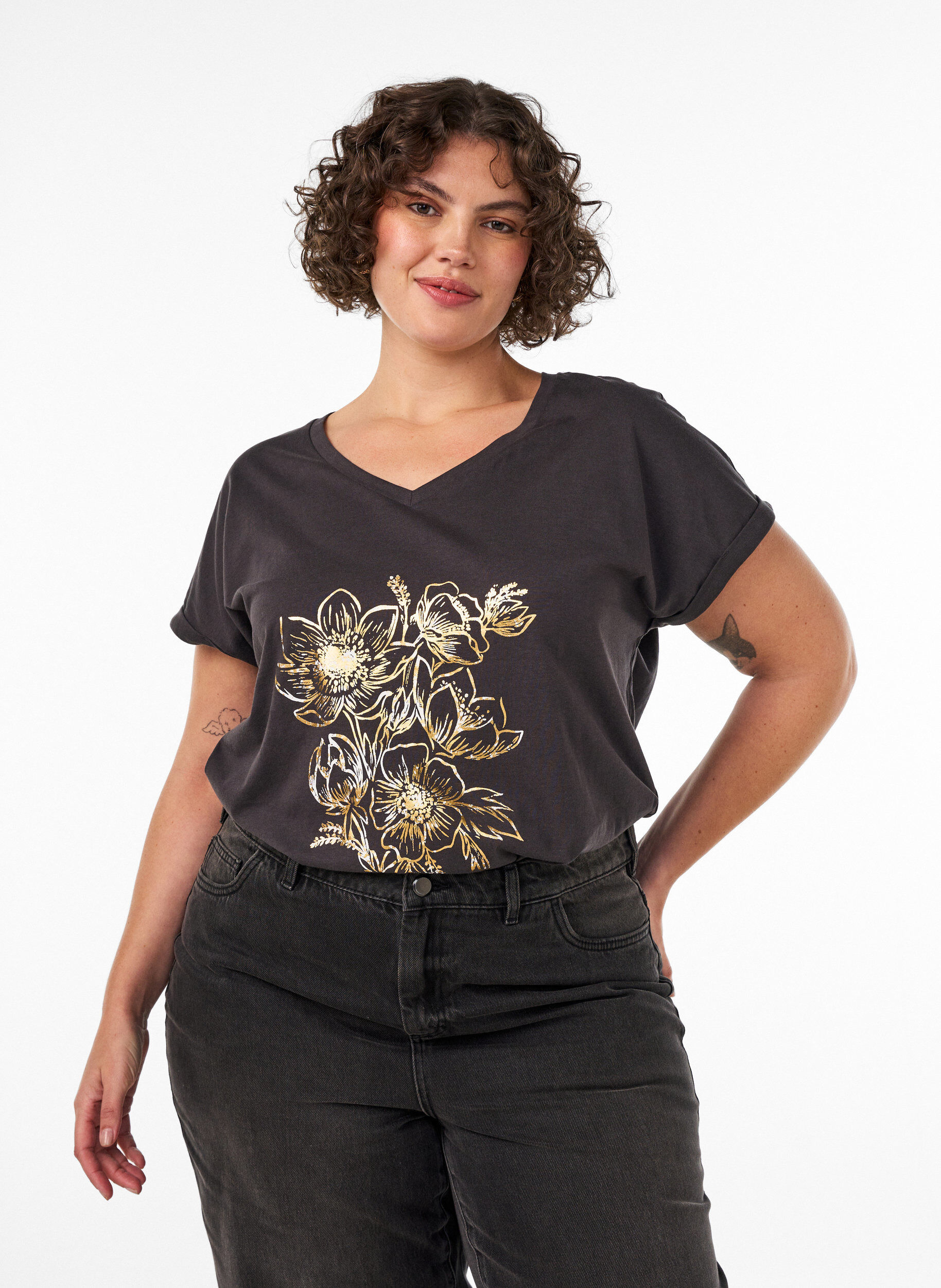 ZizziT-shirt en coton avec imprim&eacute; dor&eacute;, Gris anthracite, Model image number 0