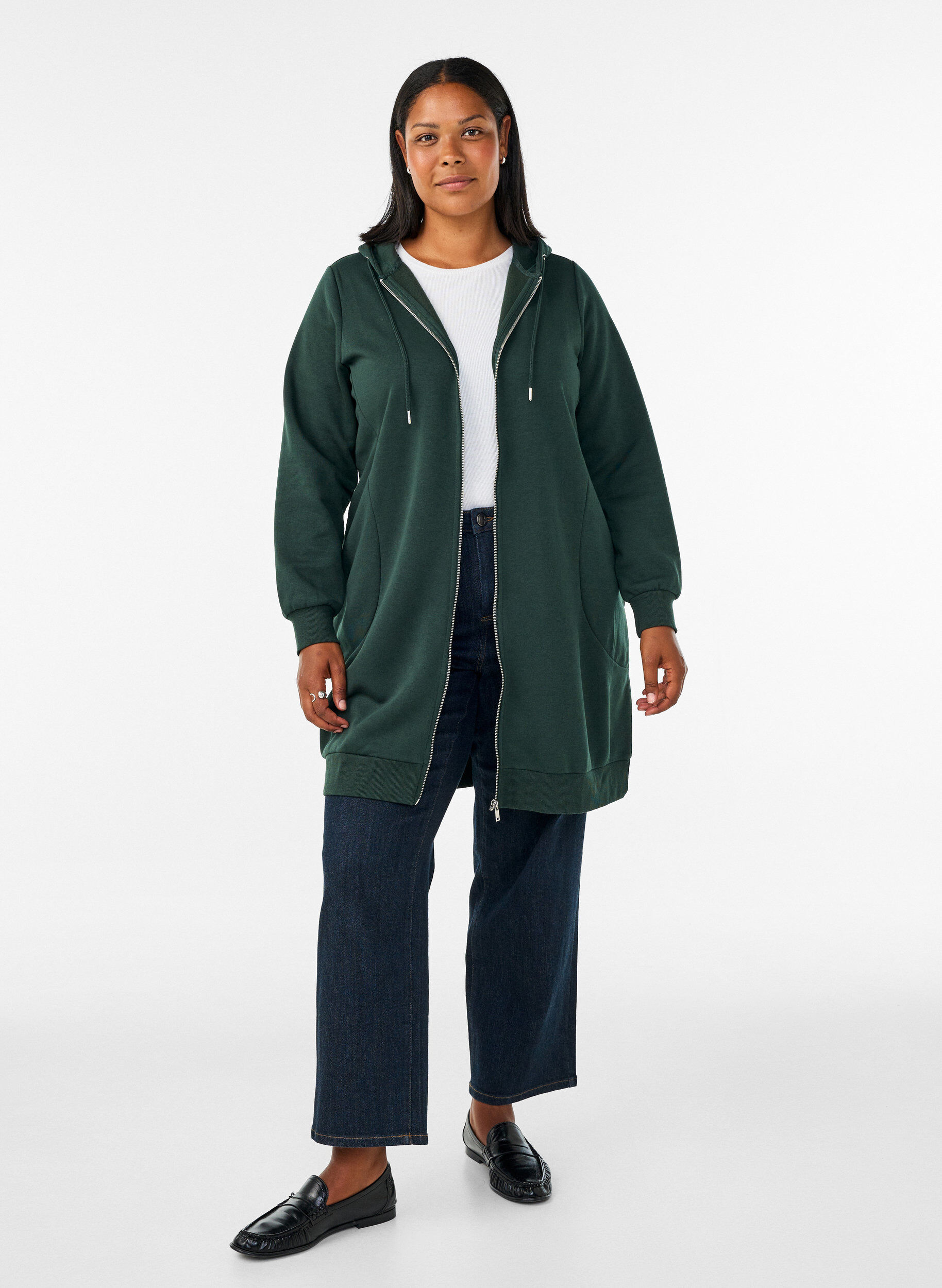 ZizziSweat &agrave; capuche long avec zip et poches, Vert fonc&eacute;, Model image number 1