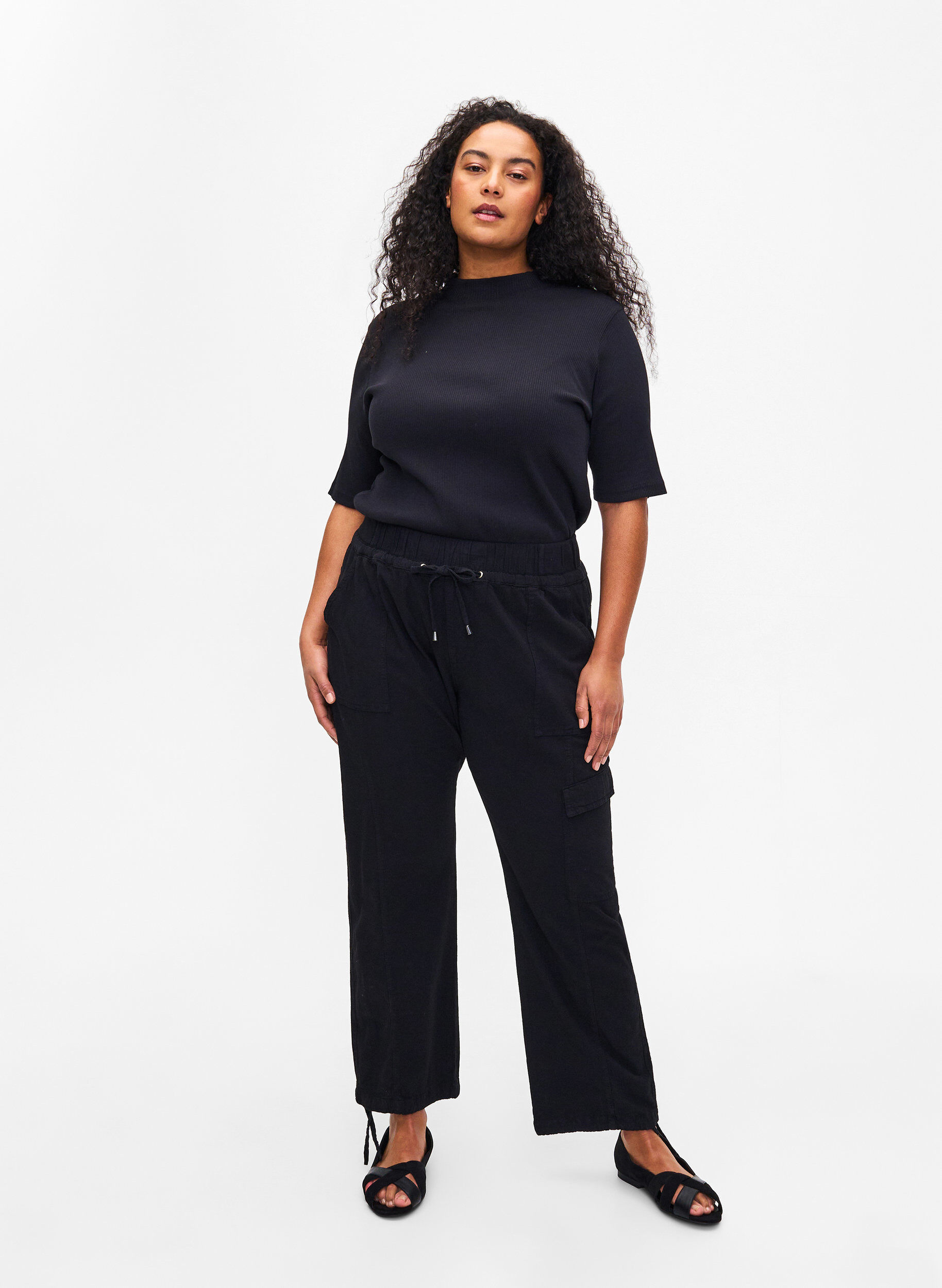 Zizzi Pantalon ample en coton, Noir, Model image number 0