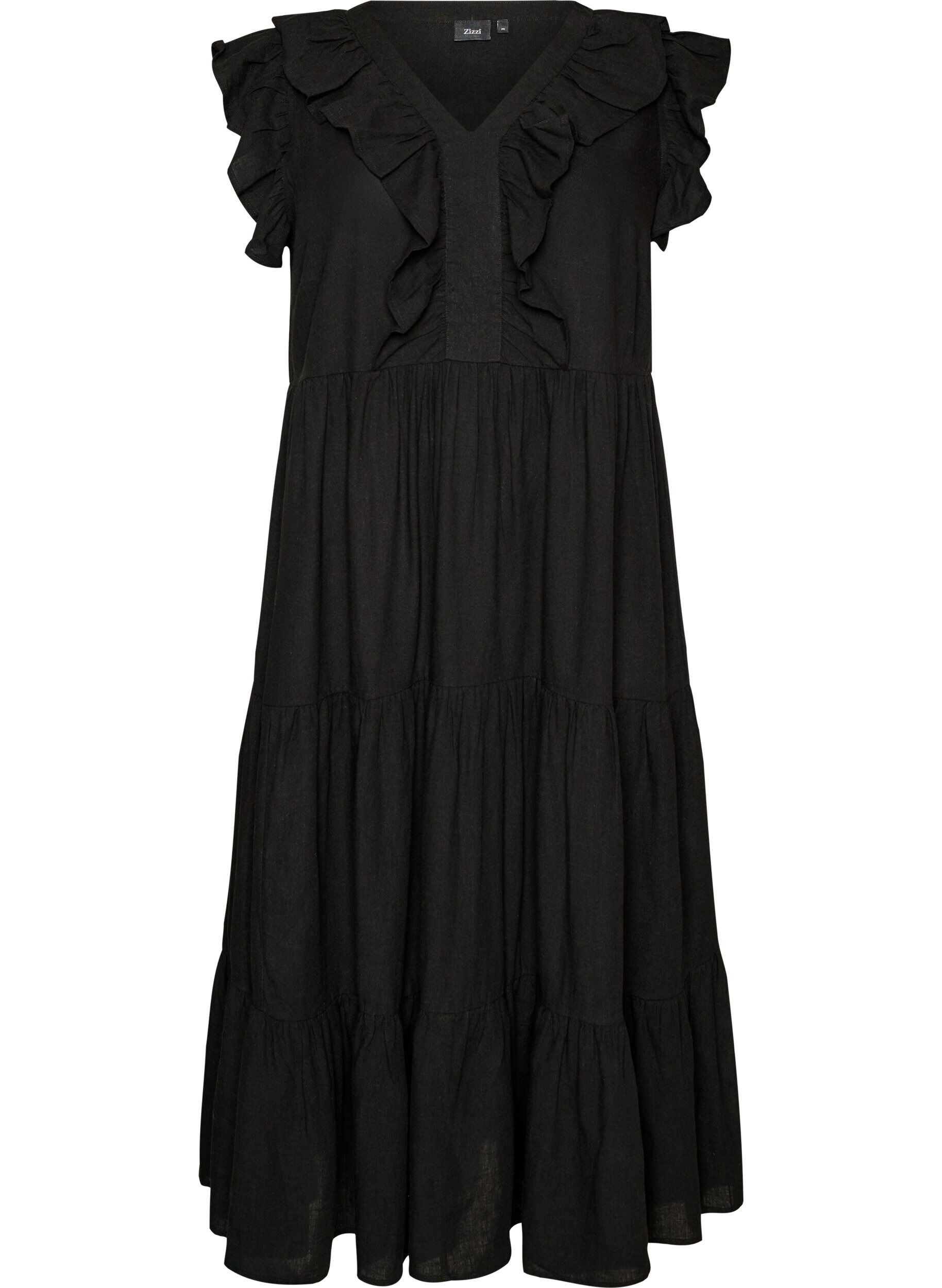 Zizzi Robe midi sans manches en lin et viscose avec volants, Noir, Packshot image number 0
