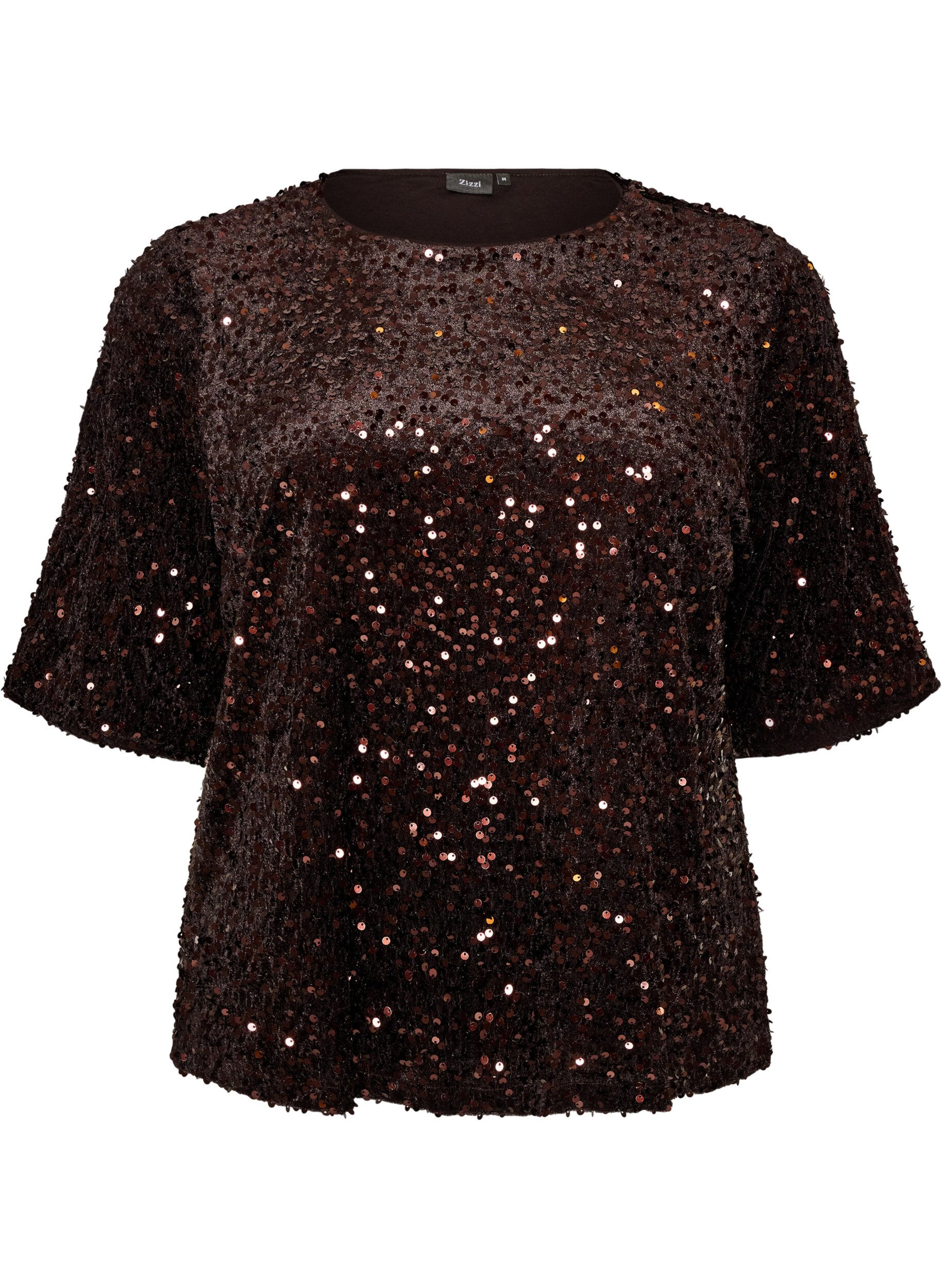 ZizziBlouse en sequins avec manches au coude, Marron, Packshot image number 0