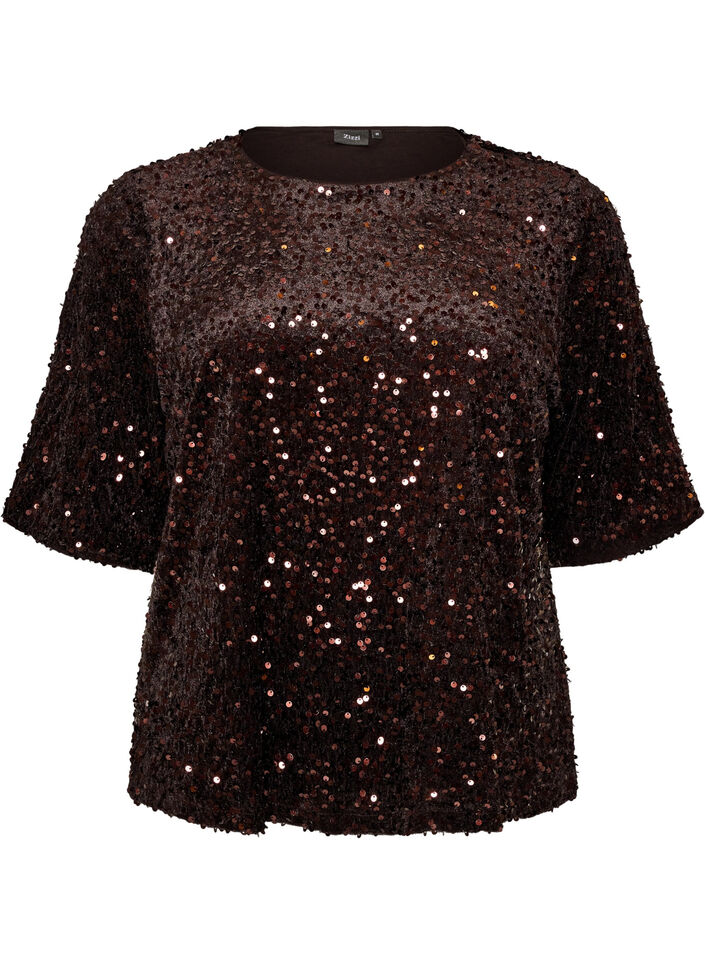 Blouse en sequins avec manches au coude, Marron, Packshot image number 0
