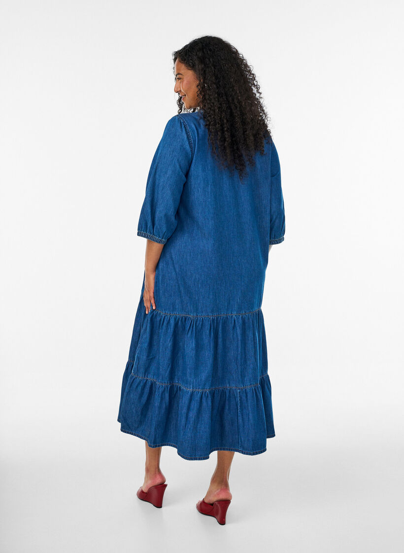 Robe longue en jean avec volants &eacute;tag&eacute;s, Bleu, Model image number 1